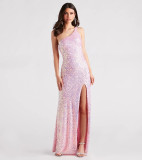 Single Shoulder Sequin Split Evening Dress GXRF-QC173