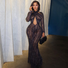 Long Sleeve Halterneck Print Maxi Dress GJYO-JD305665