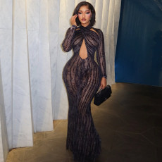 Long Sleeve Halterneck Print Maxi Dress GJYO-JD305665