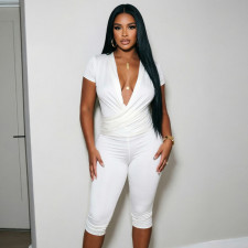 V Neck Solid Color Ruched Two Piece Pants Set GDSF-J26ST316