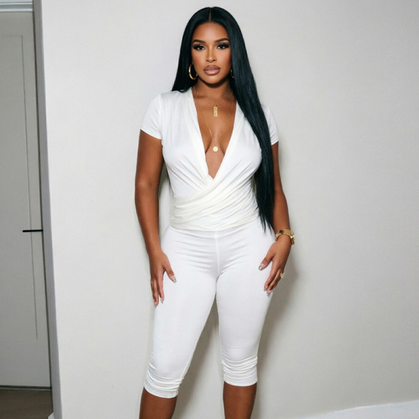V Neck Solid Color Ruched Two Piece Pants Set GDSF-J26ST316