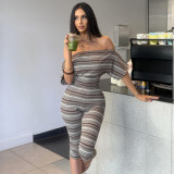 Off Shoulder Stripe Skinny Fifth Pant Suit DLSF-K6S12990A