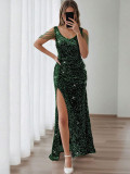 Sequined Slit V-Neck Beaded Evening Dress GXRF-171