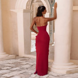 Solid Color Halterneck Ruched Split Maxi Dress DLSF-K6D12157A