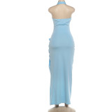 Solid Color Halterneck Ruched Split Maxi Dress DLSF-K6D12157A
