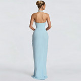 Solid Color Halterneck Ruched Split Maxi Dress DLSF-K6D12157A