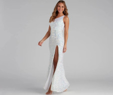 Single Shoulder Sequin Split Evening Dress GXRF-QC173