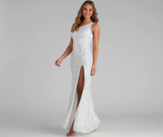 Single Shoulder Sequin Split Evening Dress GXRF-QC173