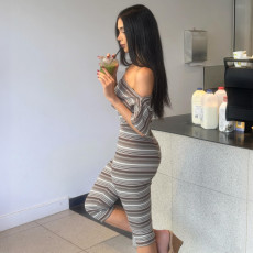 Off Shoulder Stripe Skinny Fifth Pant Suit DLSF-K6S12990A
