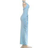Solid Color Halterneck Ruched Split Maxi Dress DLSF-K6D12157A