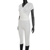 V Neck Solid Color Ruched Two Piece Pants Set GDSF-J26ST316