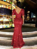 V Neck Sequin Backless Evening Dress GXRF-QC169