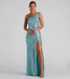 Single Shoulder Sequin Split Evening Dress GXRF-QC173