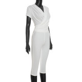 V Neck Solid Color Ruched Two Piece Pants Set GDSF-J26ST316