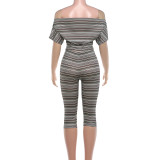Off Shoulder Stripe Skinny Fifth Pant Suit DLSF-K6S12990A