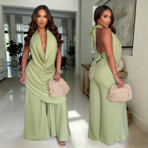 Solid Color Halterneck Top Wide Leg Pants Suit GXRF-QC172