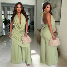 Solid Color Halterneck Top Wide Leg Pants Suit GXRF-QC172