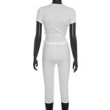 V Neck Solid Color Ruched Two Piece Pants Set GDSF-J26ST316