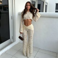 Lace Hollow Out Long Sleeve Pants 2 Piece Set SHD-8118