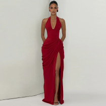 Solid Color Halterneck Ruched Split Maxi Dress DLSF-K6D12157A