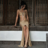 Chain Halterneck Split Maxi Dress DLSF-K6D10597A