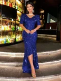V Neck Sequin Backless Evening Dress GXRF-QC169