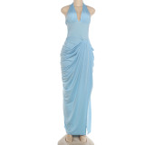 Solid Color Halterneck Ruched Split Maxi Dress DLSF-K6D12157A