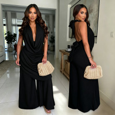 Solid Color Halterneck Top Wide Leg Pants Suit GXRF-QC172