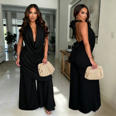 Solid Color Halterneck Top Wide Leg Pants Suit GXRF-QC172