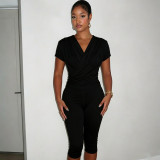 V Neck Solid Color Ruched Two Piece Pants Set GDSF-J26ST316