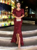V Neck Sequin Backless Evening Dress GXRF-QC169