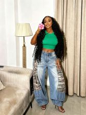 Plus Size Camouflage Patchwork Holes Loose Jeans GYLN-3110