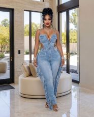 Fashion Denim Tassel Sling Jumpsuit LX-3595