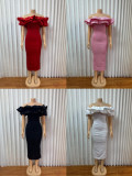 Off Shoulder Ruffles Solid Color Midi Dress GMYU-59251