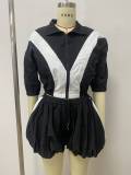 Color Block Zipper Coat Flower Bud Shorts 2 Piece Set LSD-2897