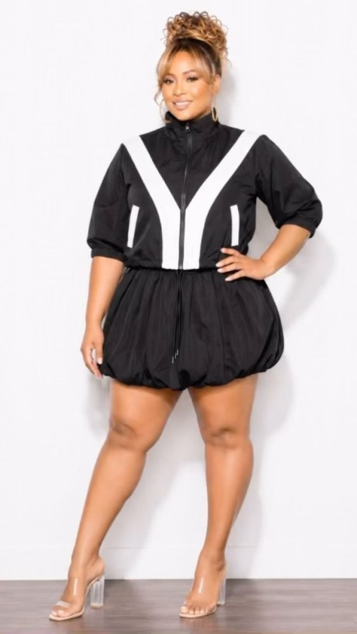 Color Block Zipper Coat Flower Bud Shorts 2 Piece Set LSD-2897