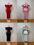 Off Shoulder Ruffles Solid Color Midi Dress GMYU-59251