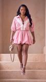 Color Block Zipper Coat Flower Bud Shorts 2 Piece Set LSD-2897