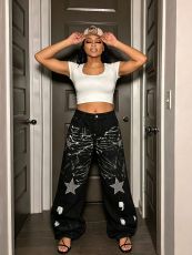 Plus Size Star Rhinestone Graffiti Jeans GYLN-8110