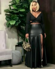 PU Leather Split Long Skirt LSD-2947
