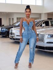 Fashion Denim Tassel Sling Jumpsuit LX-3595