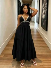 V Neck Halterneck Shell Tassel Maxi Dress GADE-11431