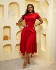 Solid Color Short Sleeve Midi Dress GMYU-11126