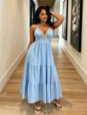 V Neck Halterneck Shell Tassel Maxi Dress GADE-11431