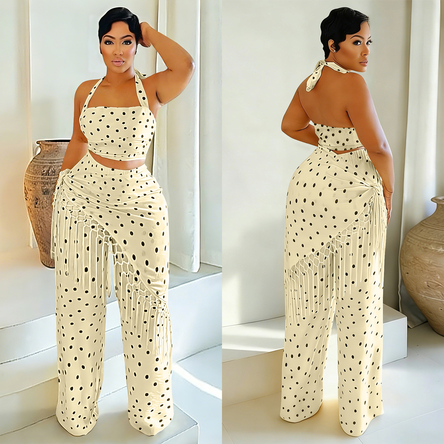 2026 Polka Dot Print Tassel 3 Piece Pants Set BY-7695 | DF - www