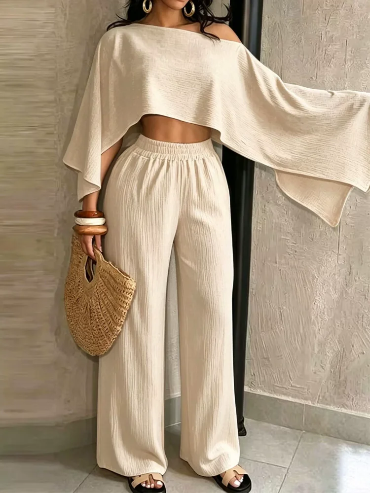 2026 Solid Slash Shoulder Top Two Piece Pants Set QYMF-A741 | DF