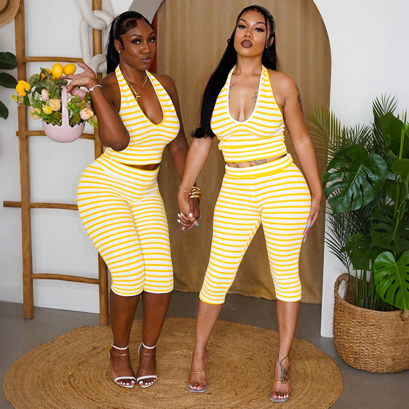 2026 Stripe Hatlerneck Tank Top Two Piece Pants Set GDSF-D26ST277