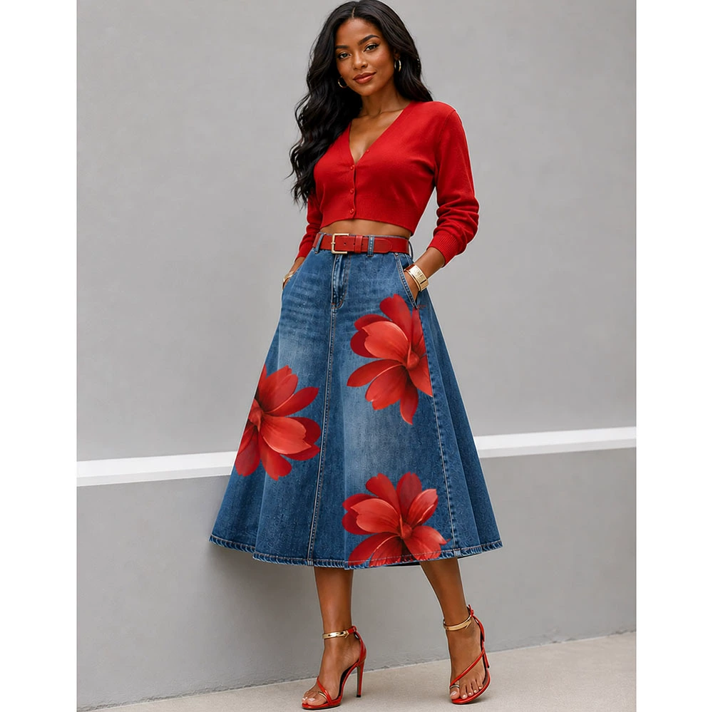2026 Plus Size Wash Flower Print High Waisted Denim Long Skirt