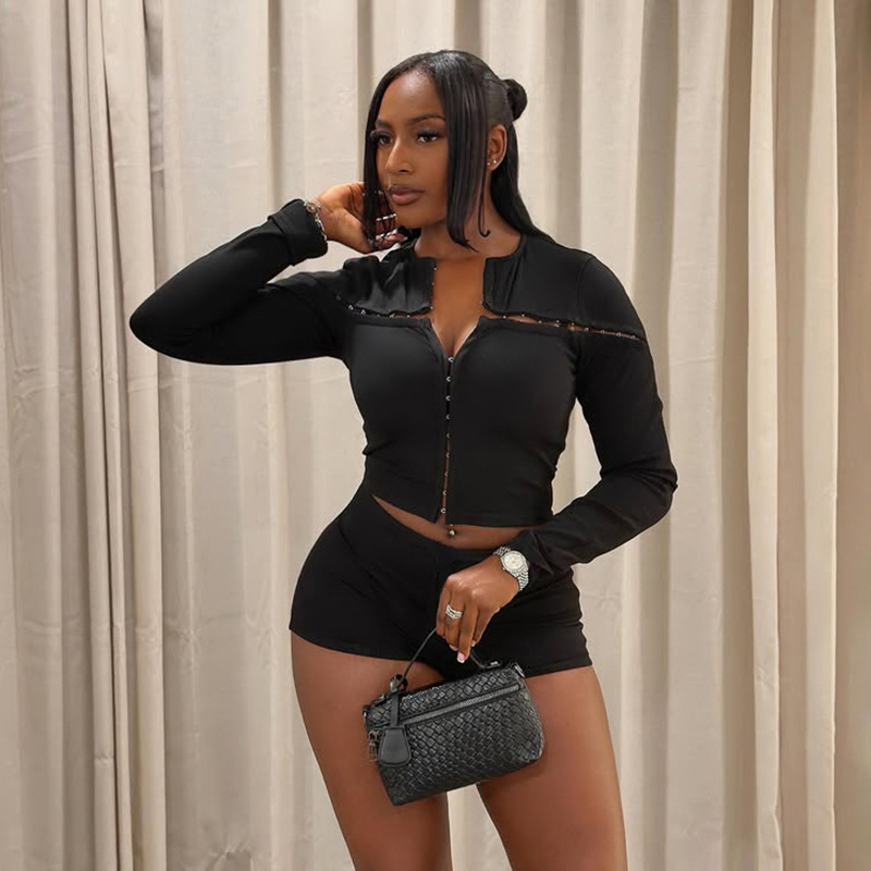 2026 Long Sleeve Zipper Top Two Piece Short Set GDSF-D26ST292 | DF