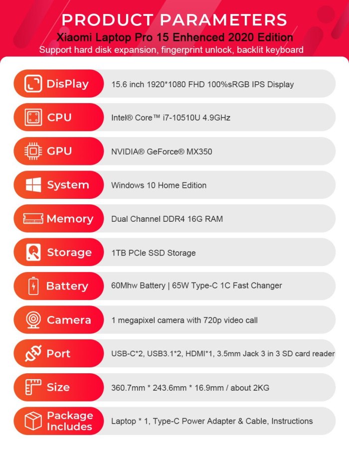 2020 Edition Xiaomi Laptop Pro 15.6 Inch  Mi Notebook MX350 Intel Core i7-10510U / i5-10210U 100% sRGB FHD Screen Computer